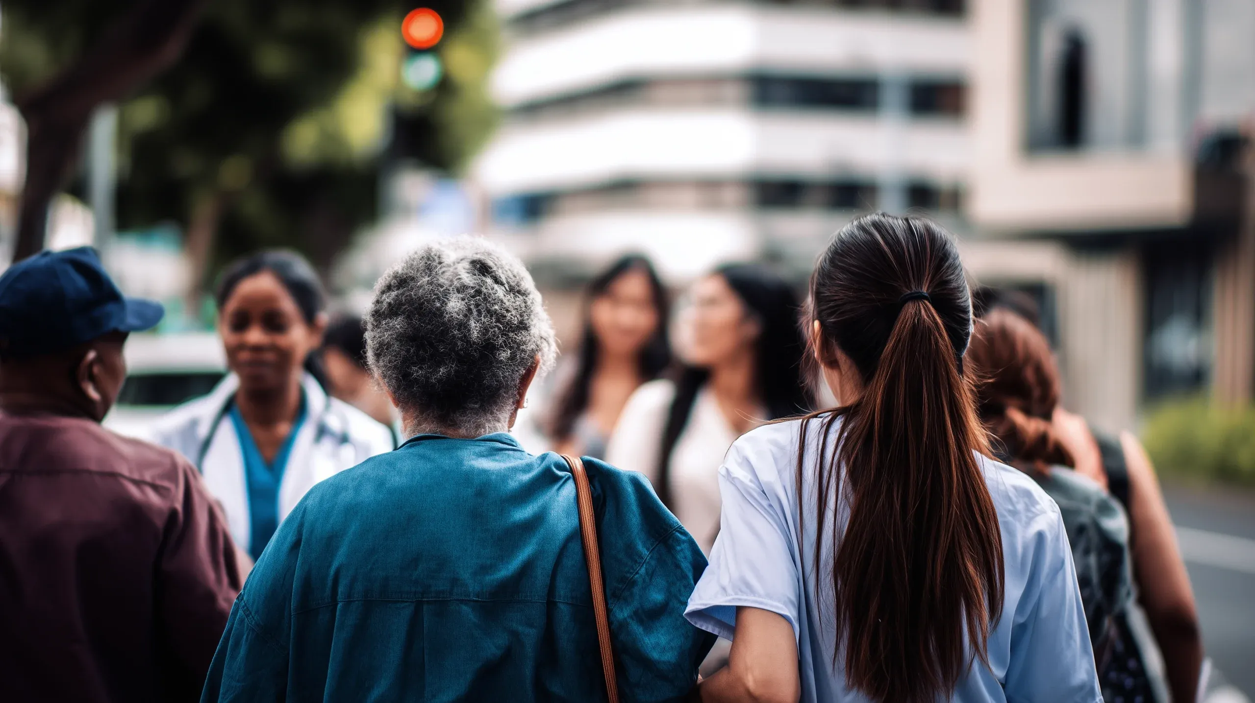 Medical staff walking with patients on a city street